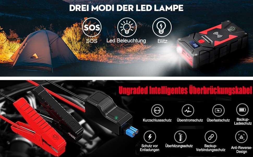 Powerbank Starthilfe 6000A/26800mAh: Зарядний пристрій для авто, 12V, USB Quick Charge 3.0, LED, EC-5