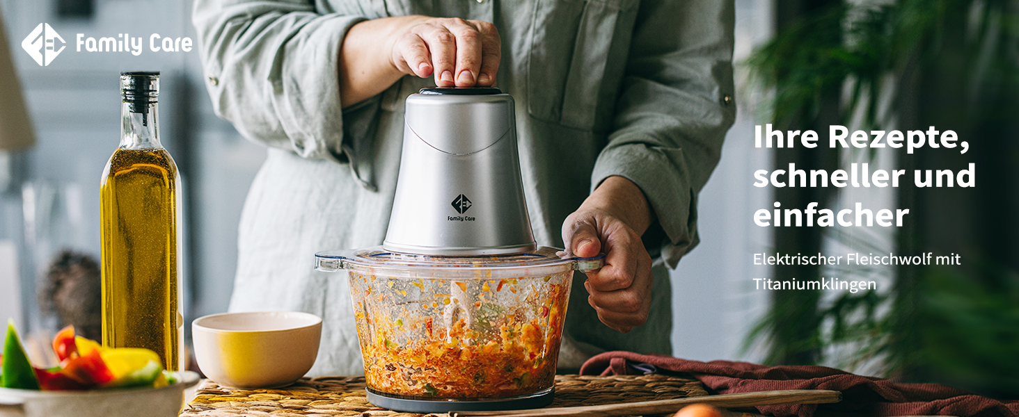 Електричний подрібнювач Family Care для кухні: 3 титанові леза, 300W, скляна чаша 600 мл, подрібнювач м'яса, цибулі, овочів, горіхів, льоду. Багатофункціональний.