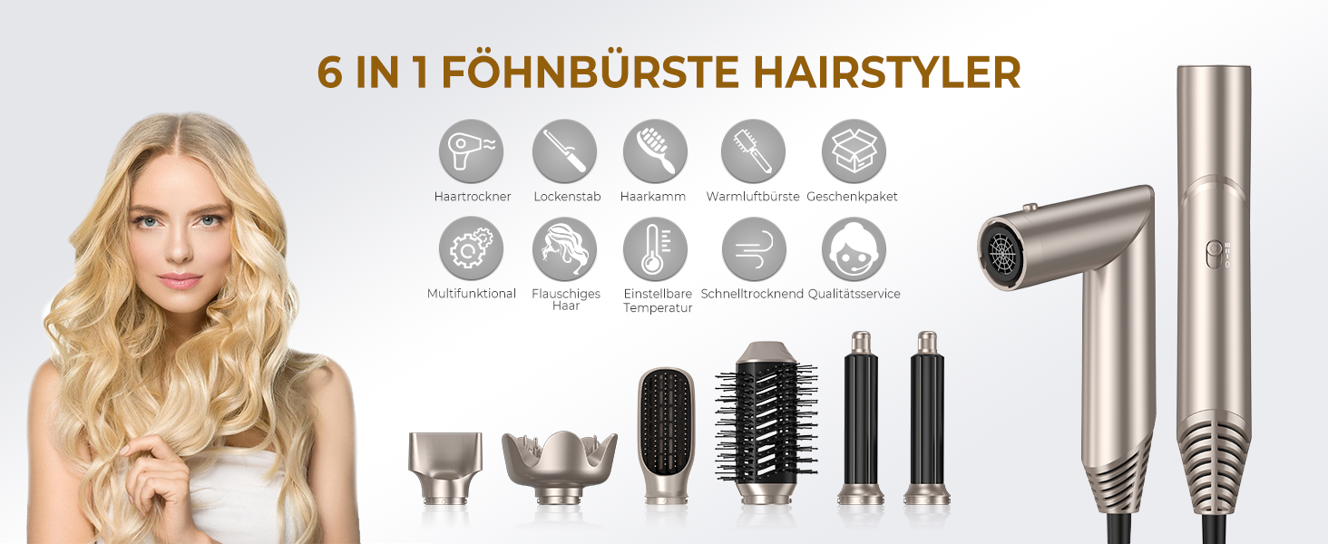 Фен-щітка Air Styler 5 в 1: мультистайлер для волосся, 1000W, чорний (6 в 1: платиново-золотий)