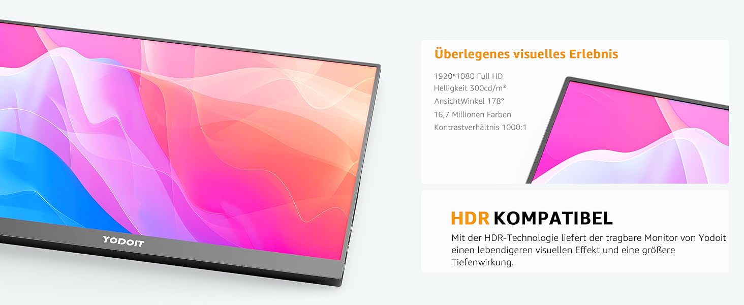 Портативний монітор Yodoit 15.6 дюймів: IPS дисплей FHD 1920x1080, USB-C та HDMI, вбудовані динаміки, захист зору для ПК, ноутбука, Xbox, PS3/4/5, Switch та TV. Чорний колір