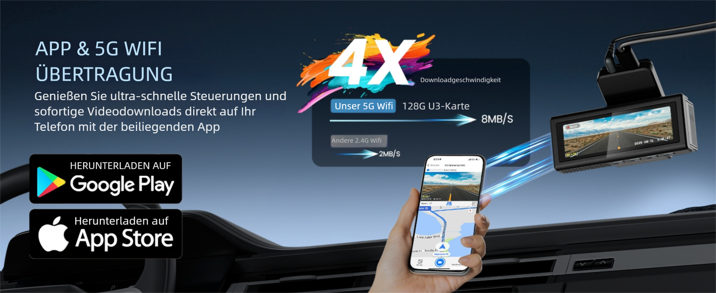 Відеореєстратор TECXERLLON 4K з ADAS, GPS, WDR, G-сенсором та нічним баченням, 24/7 парковка, 128GB карта в комплекті