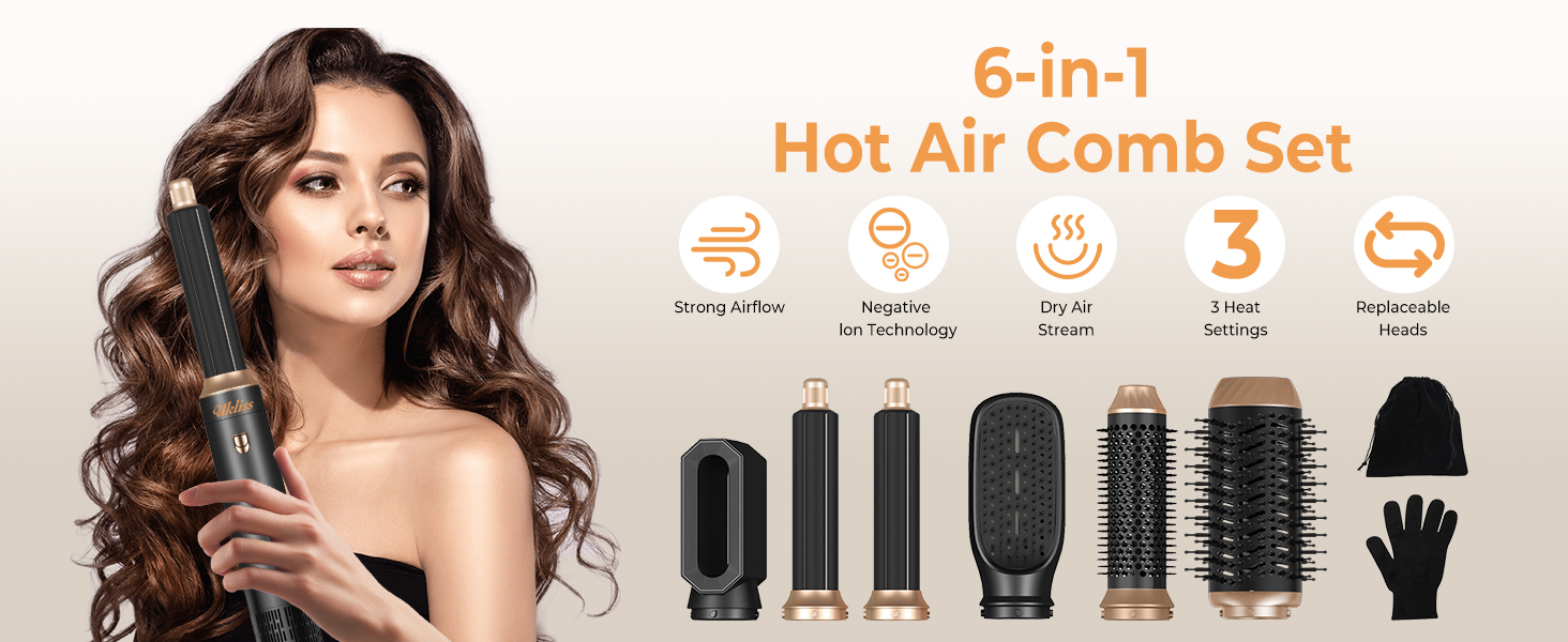 UKLISS Фен-щітка 6 в 1: Локони, об'єм, випрямлення та сушка - 1000W. Набір для створення зачісок з автоматичним завиванням, щітка-фен, круглі щітки, випрямна щітка (Чорний)