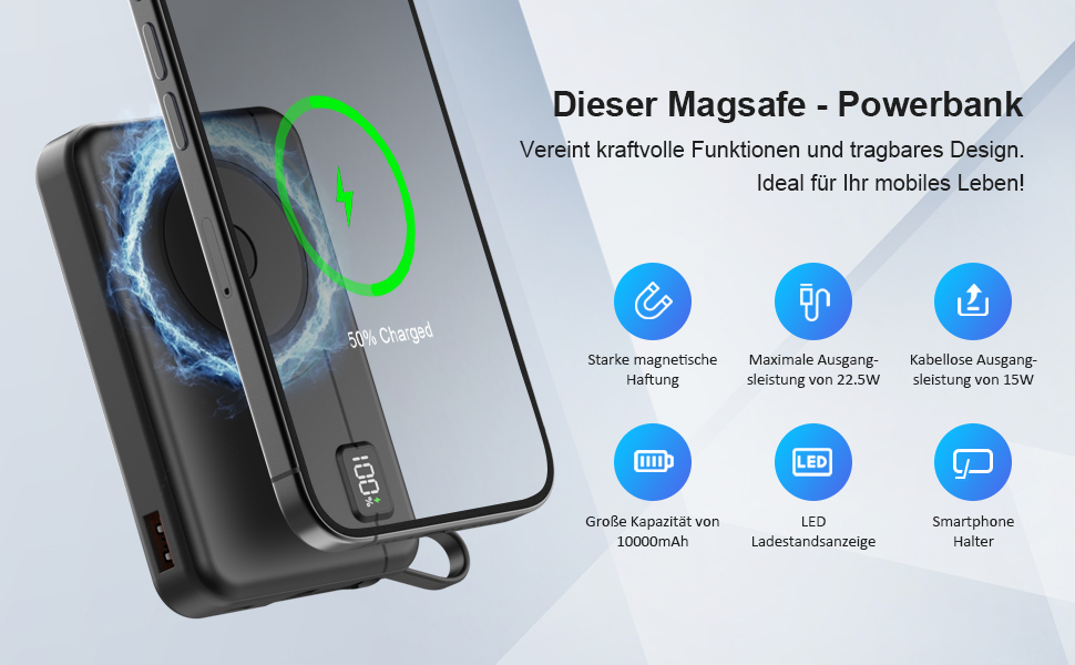 Powerbank MagSafe 10000mAh 22.5W з магнітним кріпленням, USB-C, LED-дисплеєм. Сумісний з iPhone 16/15/14/13/12 Pro Max, Galaxy та іншими пристроями. Чорний