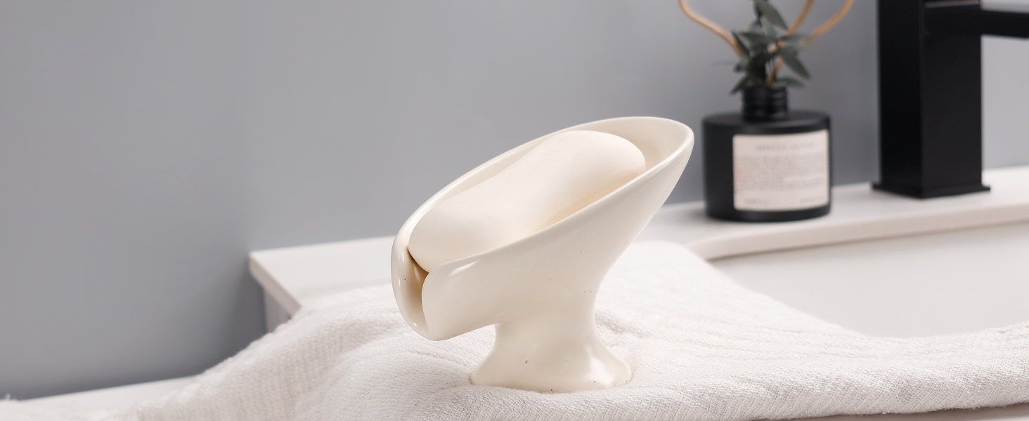 Керамічна мильниця Umlaca з самостійним зливом, безперервна сушка, у формі листка, вінтажний дизайн, підходить для кухні, ванної кімнати, душу, білий мармур (бежево-рожевий)