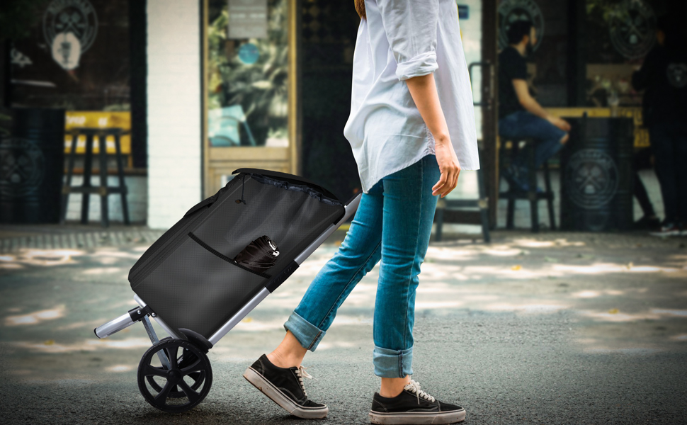 Складна алюмінієва господарська сумка VOUNOT 45 л, водонепроникна, чорна, великі колеса з бризковиками, візок для покупок, для сходів