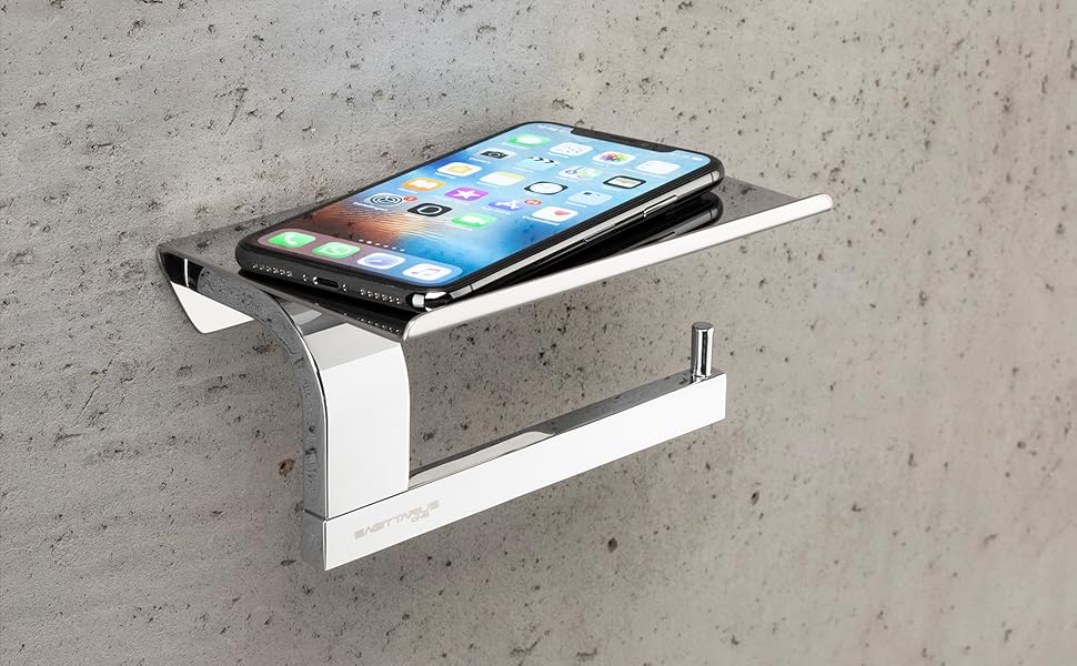 Stainless Steel Toilet Paper Holder with Shelf - Chrome Finish | Premium Toilet Paper Holder with Phone Storage | Bathroom Tissue Dispenser