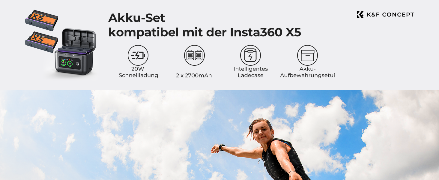Акумуляторний набір K&F Concept для Insta360 X5: 2x 2700mAh акумулятори + Швидка зарядка 20W