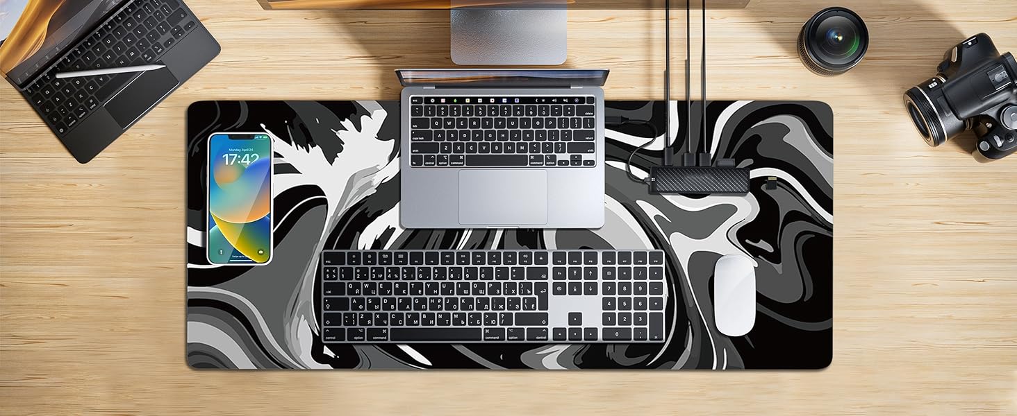 Великий килимок для столу 800x400 мм - ігровий килимок для миші з прошитими краями, неслизька підкладка, килимок для клавіатури та миші Black & White Abstraction