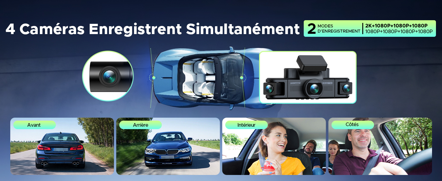 Автомобільний відеореєстратор LAMTTO 4K 360°: 4 канали (перед, зад, салон, боки), 2K передня камера, 1080P, 5GHz WiFi, нічна ІЧ-зір, датчик удару G-сенсор, паркувальний моніторинг, з карткою 64GB та Hardwire-kit