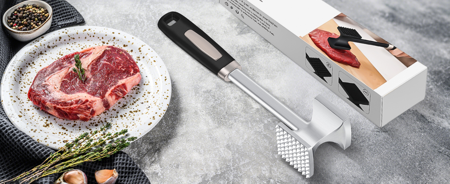 Кльопар для м'яса HOOMIL, двосторонній антипригарний, для шніцелів та стейків - сріблястий квадратний