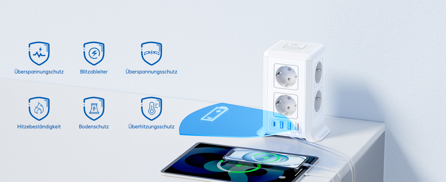 Багаторозкладна мережева панель Sameriver 8-fach з вимикачем, 4 USB, захист від перенапруги, 5 м, біла