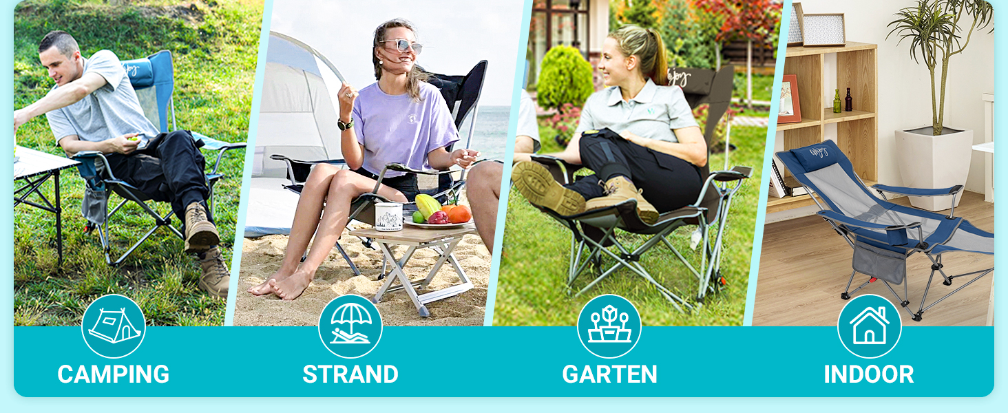 Кемпінговий стілець-шезлонг WEJOY 2-в-1: складаний стілець для пляжу та відпочинку з регульованою спинкою, підставкою для ніг, тримачем для напоїв, сірий/блакитний