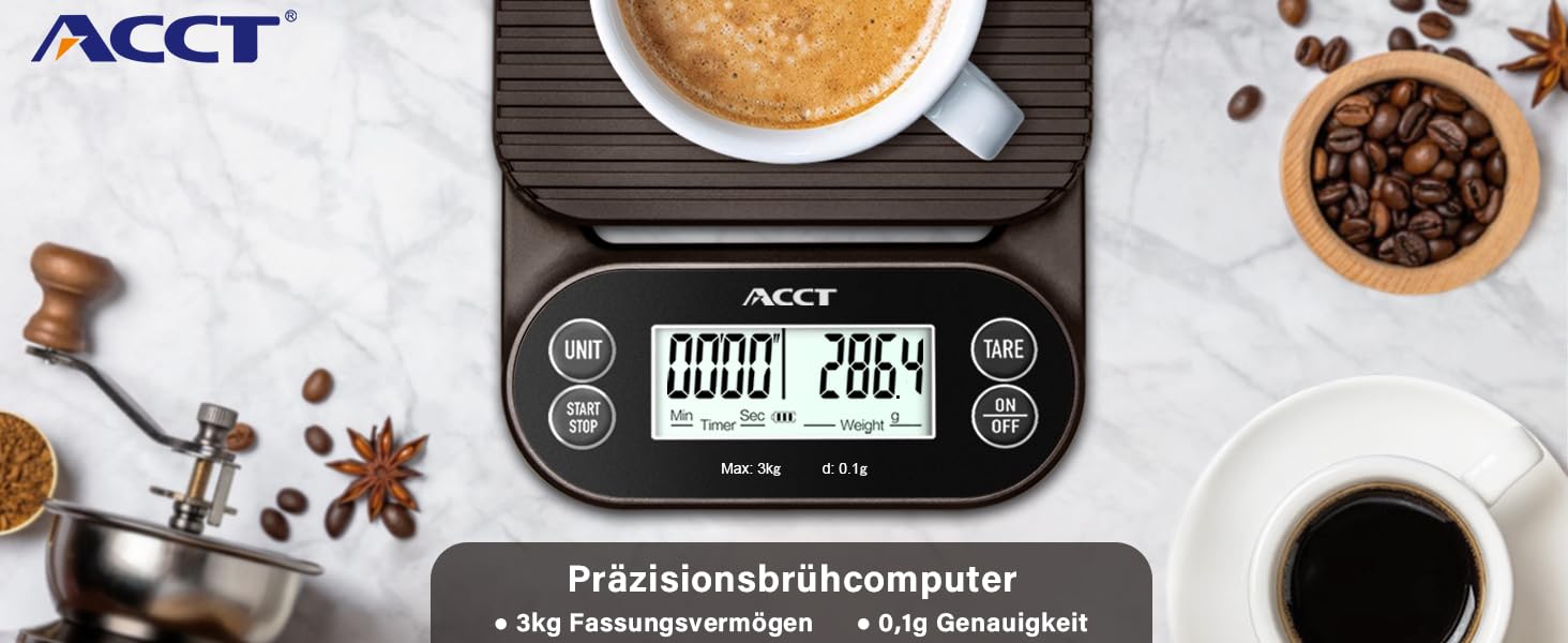 Ваги для кави ACCT з таймером – 3 кг/0,1 г, для приготування еспресо та альтернативного заварювання, 4 одиниці, високоточні ваги з антиковзним покриттям