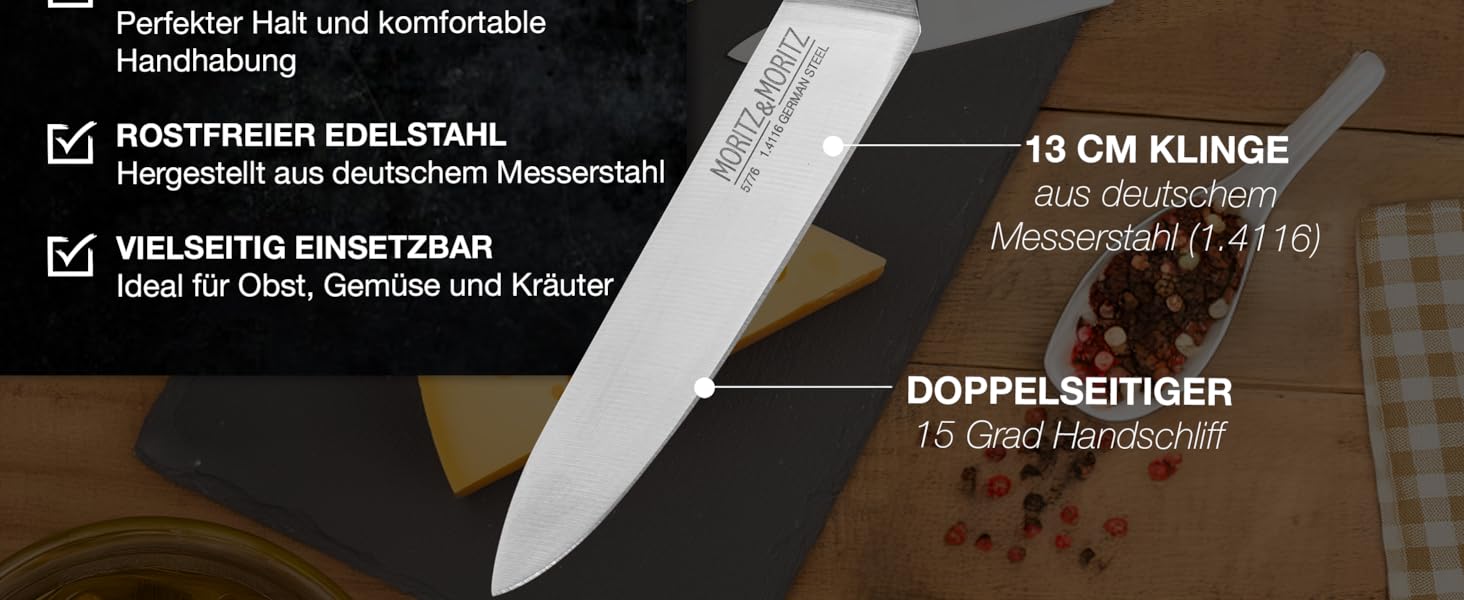 Ніж кухонний Moritz & Moritz Profi Küchenmesser 13 см - універсальний, для овочів, м'яса, фруктів, з ергономічною ручкою з акації, німецька сталь