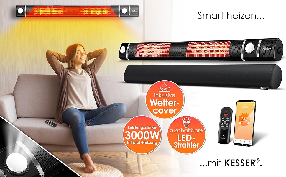 Інфрачервовий обігрівач KESSER® 3000W з LED-підсвічуванням та Wi-Fi, для тераси, кафе, бару, з пультом керування та захисним чохлом. Настінний кварцовий обігрівач (Чорний)