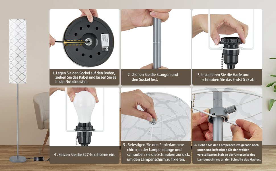 Стійка лампа GyroVu для вітальні, 65” висота, лампа для спальні з паперовим абажуром, 3 колірні температури, срібна (з лампочкою)
