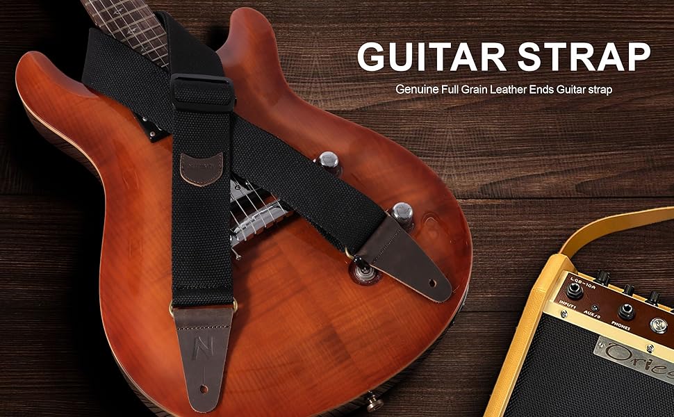 Гітарний ремінь Nefelibata з кишенькою для медіаторів, шкіряні кінці, для бас, електро- та акустичної гітари, з безкоштовними фіксаторами, 1 пара замків та 4 медіатори, чорний