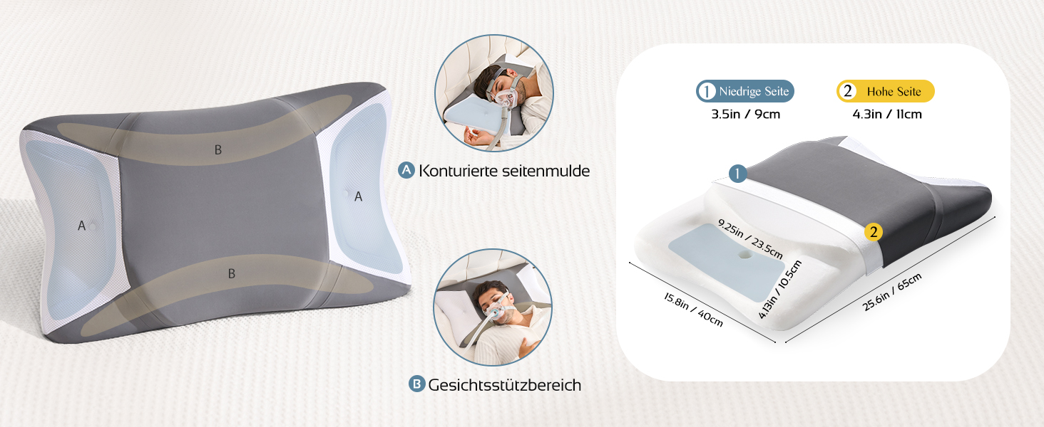Ергономічна подушка з ефектом пам'яті (Memory Foam) для шиї та голови, дихаюча наволочка, підходить для сну на боці, спині та животі, темно-сіра, 65 x 40 x 9/11 см