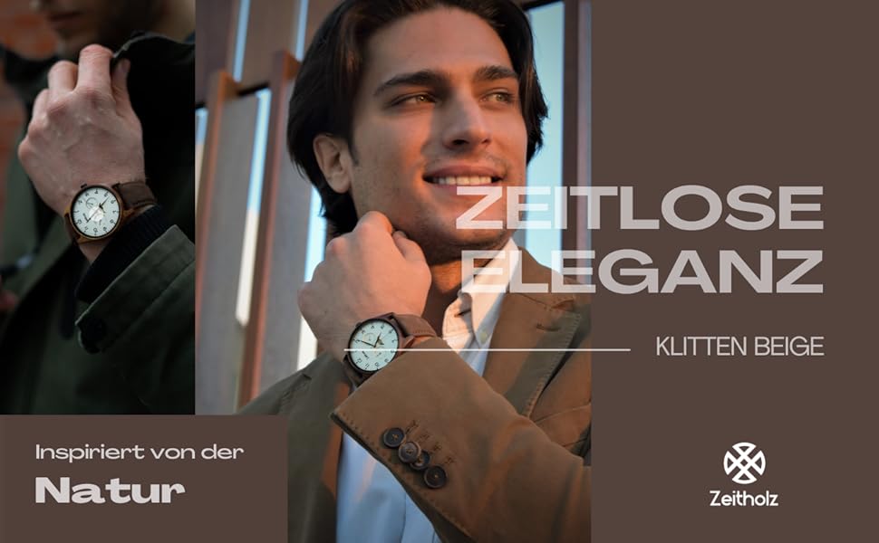 Годинник Zeitholz Holzuhr для чоловіків, аналоговий, 42 мм, 100% натуральне дерево з японським кварцовим механізмом, колекція Neue Klitten, стильний та екологічний годинник преміум-класу (Бежевий)