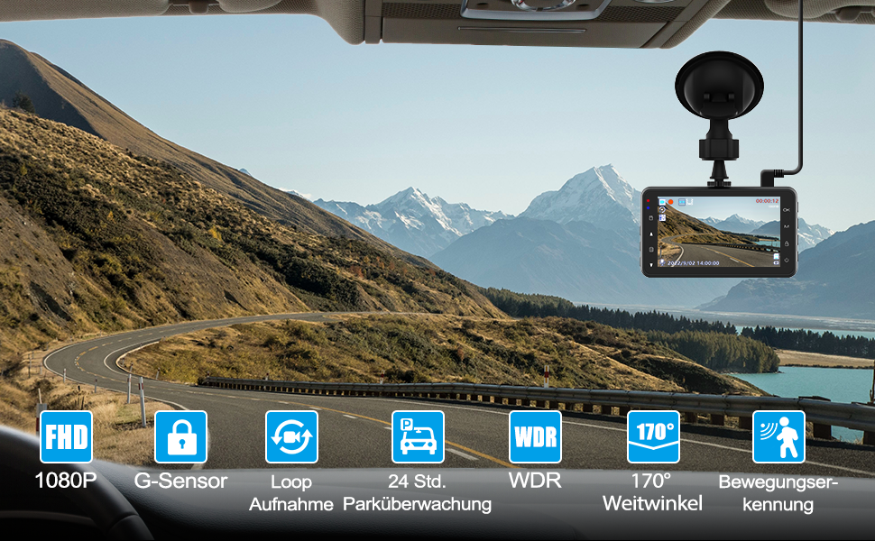 Відеореєстратор AQV Dashcam Auto Vorne und Hinten 4K з WiFi, 64GB SD, Loop, G-Sensor, APP, Нічне Бачення, 170°+140°, Superkondensator, Парковка (Grey-D3)