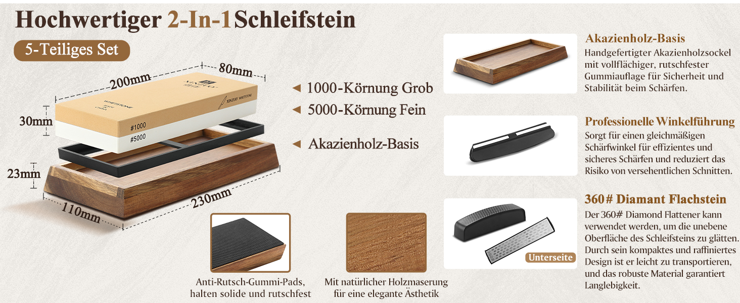 Набір для заточування ножів XINZUO: алмазний плоскою точило 2-в-1 з дерев'яною підставкою, зернистість 1000/5000
