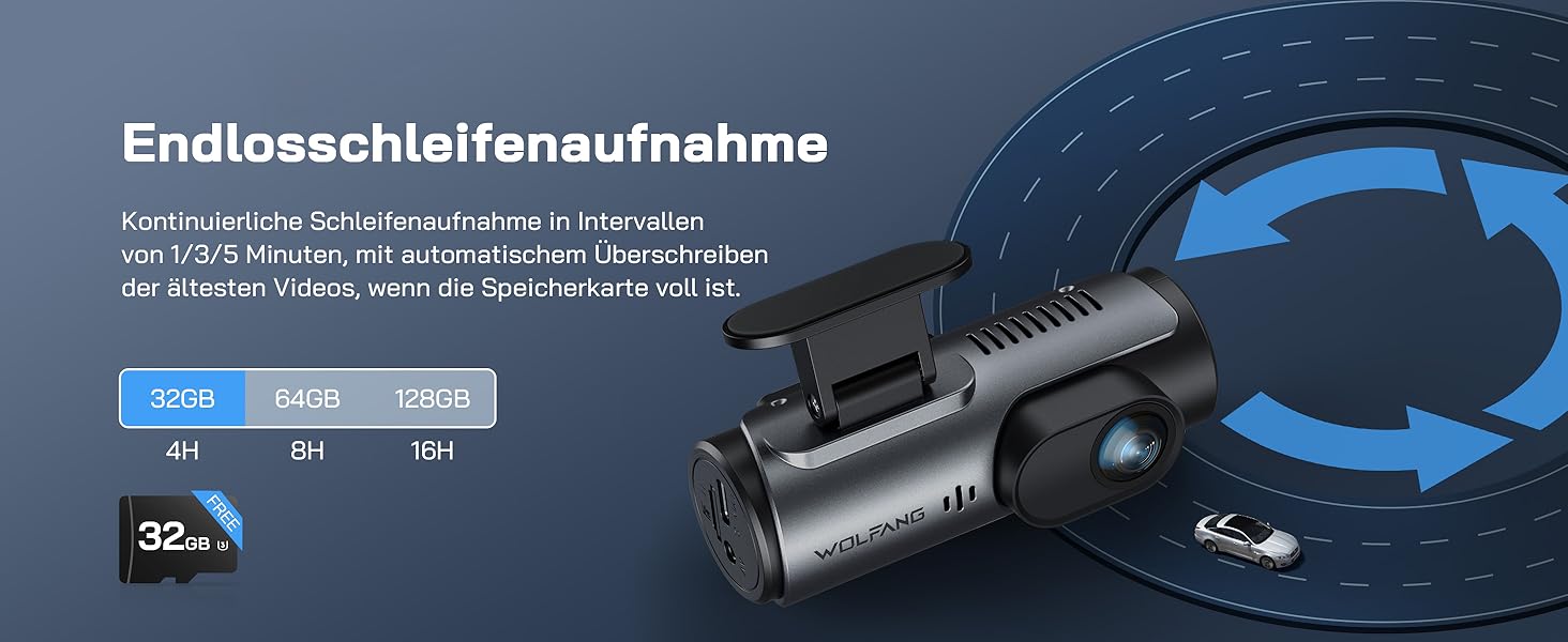 WOLFANG Dashcam Auto Передній та Задній 4K WiFi відеореєстратор з 32GB SD карткою, Ultra нічне бачення, 170° широкий кут огляду, WDR, 24 год. режим паркування, G-сенсор, циклічна запис