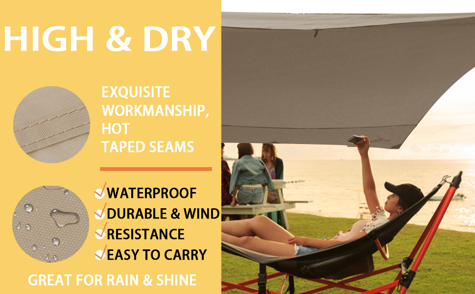 Водонепроникна тентова накидка Tarp 3.7 x 4.3 м з опорами, кільцями, шнуром, для кемпінгу, відпочинку на природі, захисту від сонця та дощу (Хакі)