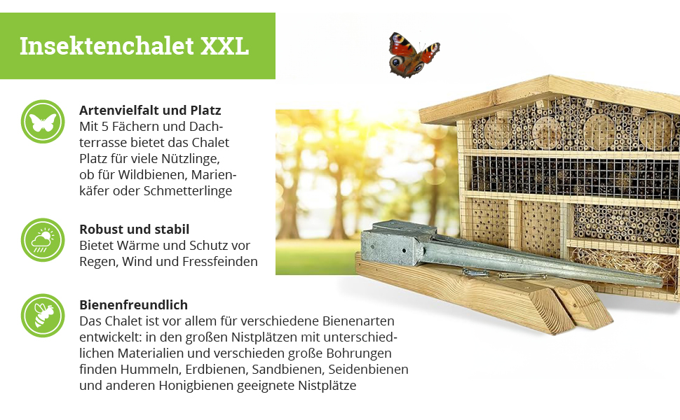 Інсектотель GARTENETAGE XXL – масивний будиночок для комах та бджіл, натуральне дерево, готель для комах з опорами, будиночок для сонечок і метеликів, допомога у гніздуванні та захист видів