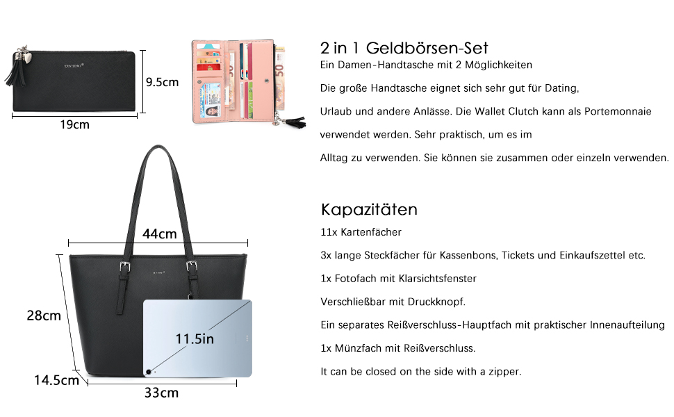 Сумка жіноча TANTOMI з гаманцем: для офісу, школи, покупок, велика, чорна, з пензликом та помпоном з штучного хутра