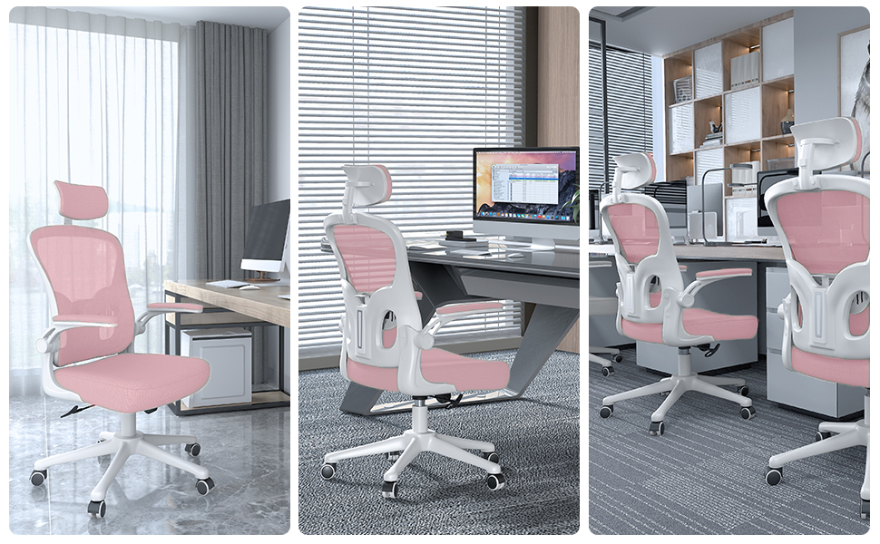 Офісний стіл Rattantree: ергономічний крісло з підтримкою попереку, регульовані підлокітники, регулювання висоти, поворотне крісло з дихаючою спинкою для офісу/кабінету (рожевий, з підголовником)