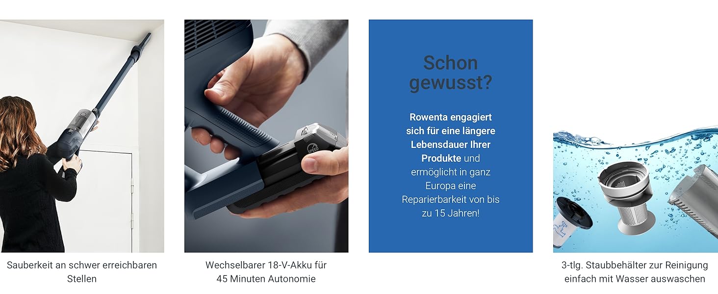 Rowenta X-Pert 6.60 акумуляторний пилосос: потужність 100W, 45 хв роботи, бездротовий, без мішка, LED-насадка, легкий, 0,55 л контейнер для сміття, насадка для щілин та кріплення на стіну, чорний/темно-сірий, RH6831EO