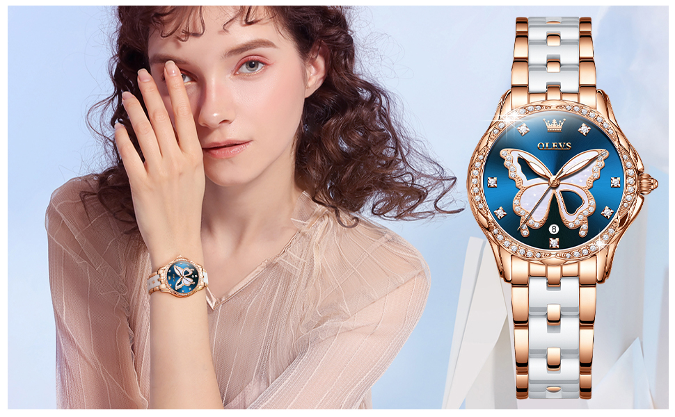 Годинник жіночий OLEVS з діамантами, елегантний, рожеве золото, керамічне скло, блакитний циферблат