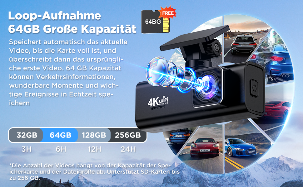 Відеореєстратор Topabol Dashcam Auto 4K + 1080P з Wi-Fi, двома камерами, нічним баченням, G-сенсором та підтримкою карт пам'яті до 256GB