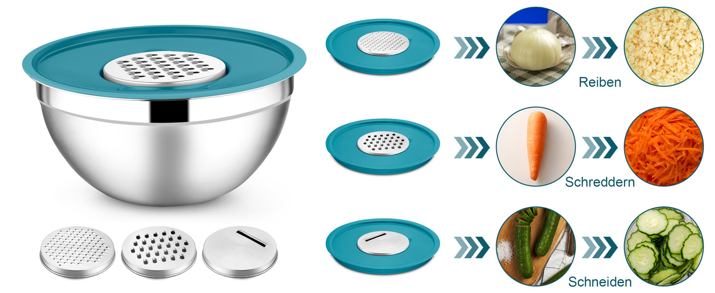 Миска Joyfair 4,5 л з нержавіючої сталі з кришкою, набором терок для приготування їжі, миска для салатів, посудомийна машина - блакитна