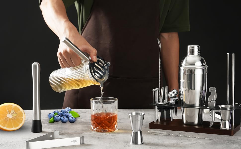 Набір бармена на 23 деталі з підставкою | Комплект шейкерів для коктейлів з усіма необхідними інструментами: шейкер Мартіні, сито, ложка, мадлер, для дому, бару, вечірки (шоколадний)