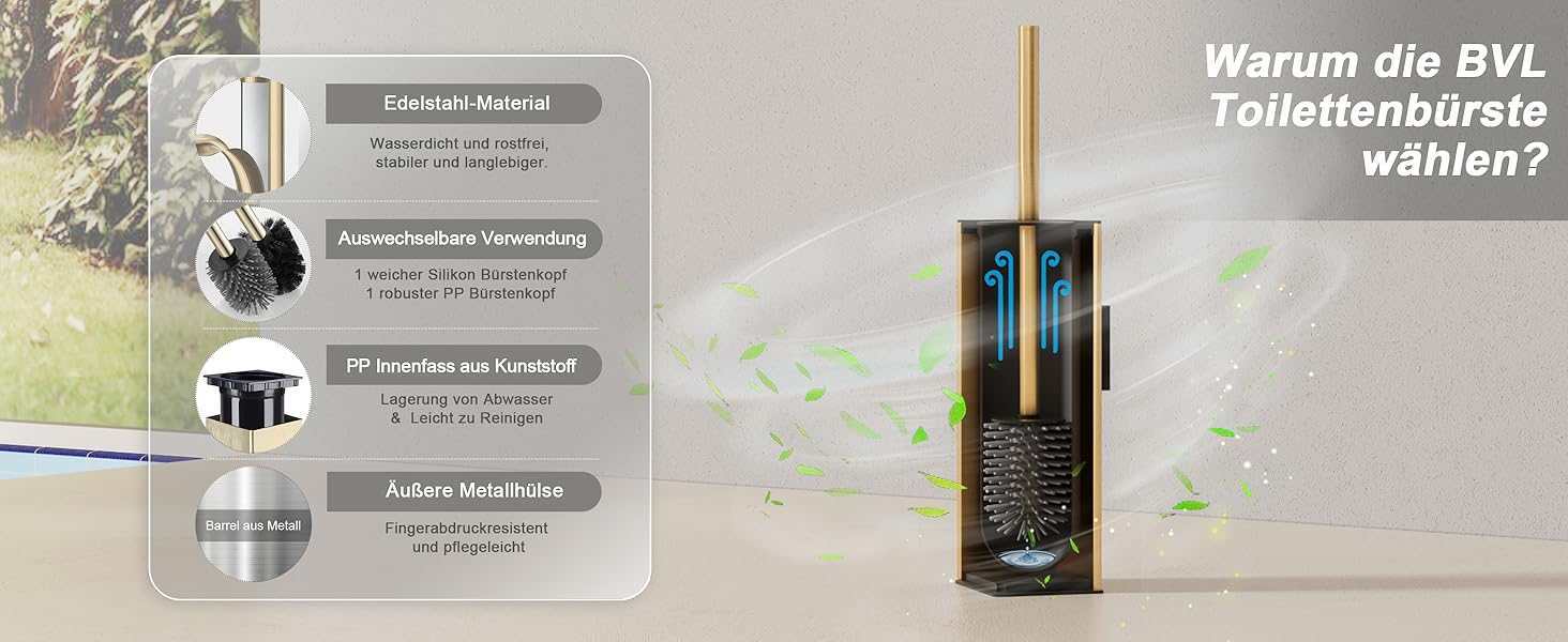 Настінна щітка для туалету BVL з кріпленням без свердління, набір з 2 насадки, силіконова щітка для унітазу, кутова, білий матовий колір