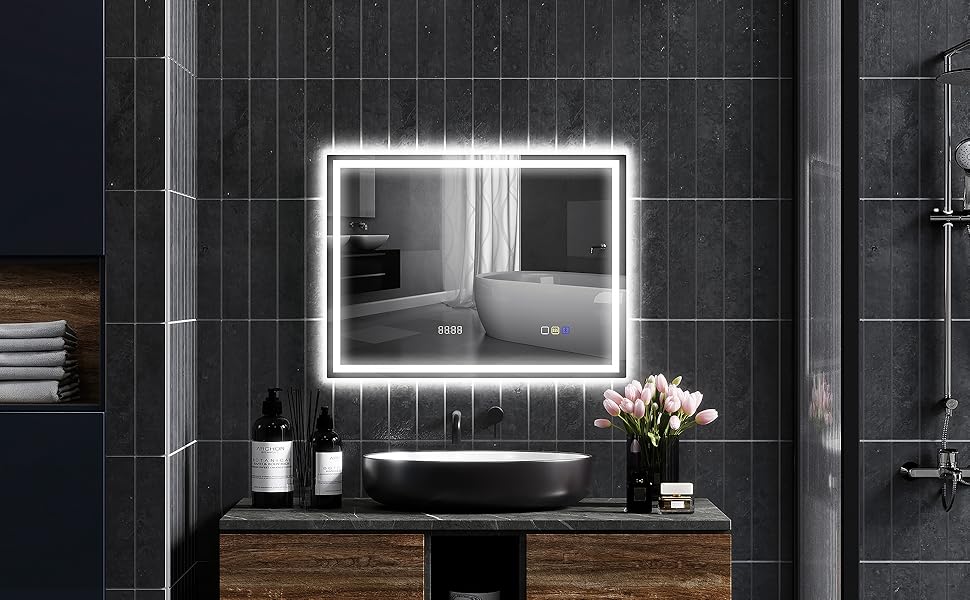 Дзеркало для ванної кімнати HOMCOM з підсвічуванням 100x80 см LED, Bluetooth, годинник, 3 кольори світла, проти запотівання, сенсорне керування, срібло