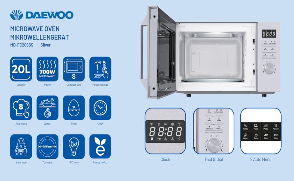 Мікрохвильова піч Daewoo MD-FC206SB 20L, 700W, чорний колір (Solo, срібло)