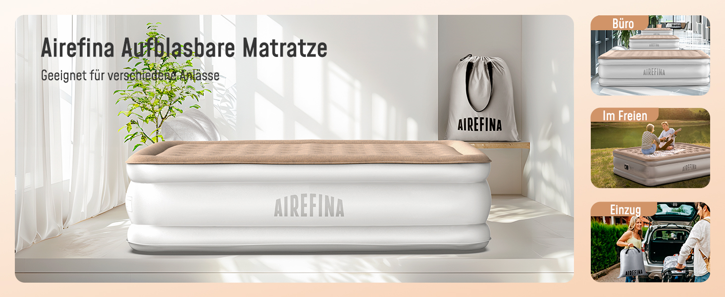 Надувна матрац Airefina з самонадуваємою системою та інтегрованим насосом, преміум-гостьове ліжко, надувне ліжко для кемпінгу та дому, 203 x 152 x 40 см, на 2 особи (203×152 см)