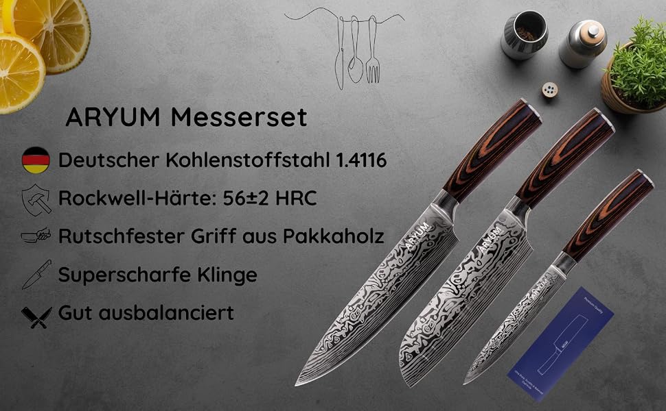 Набір кухонних ножів Aryum (3 предмети) з німецької сталі 1.4116: шеф-ніж, сантоку та універсальний ніж з руків'ям із паккавуда