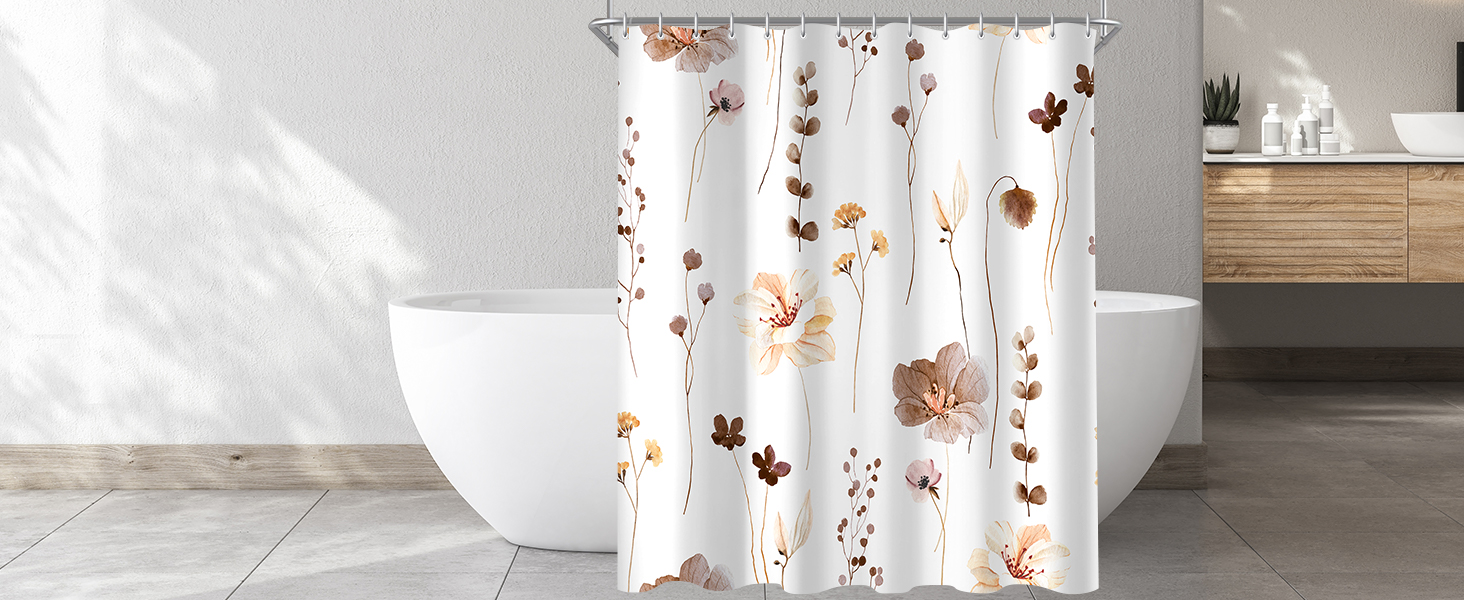 Штора для душу 240x200 см коричнева з квітами, антигрибкова, водовідштовхувальна, поліестер, з кільцями для ванної кімнати