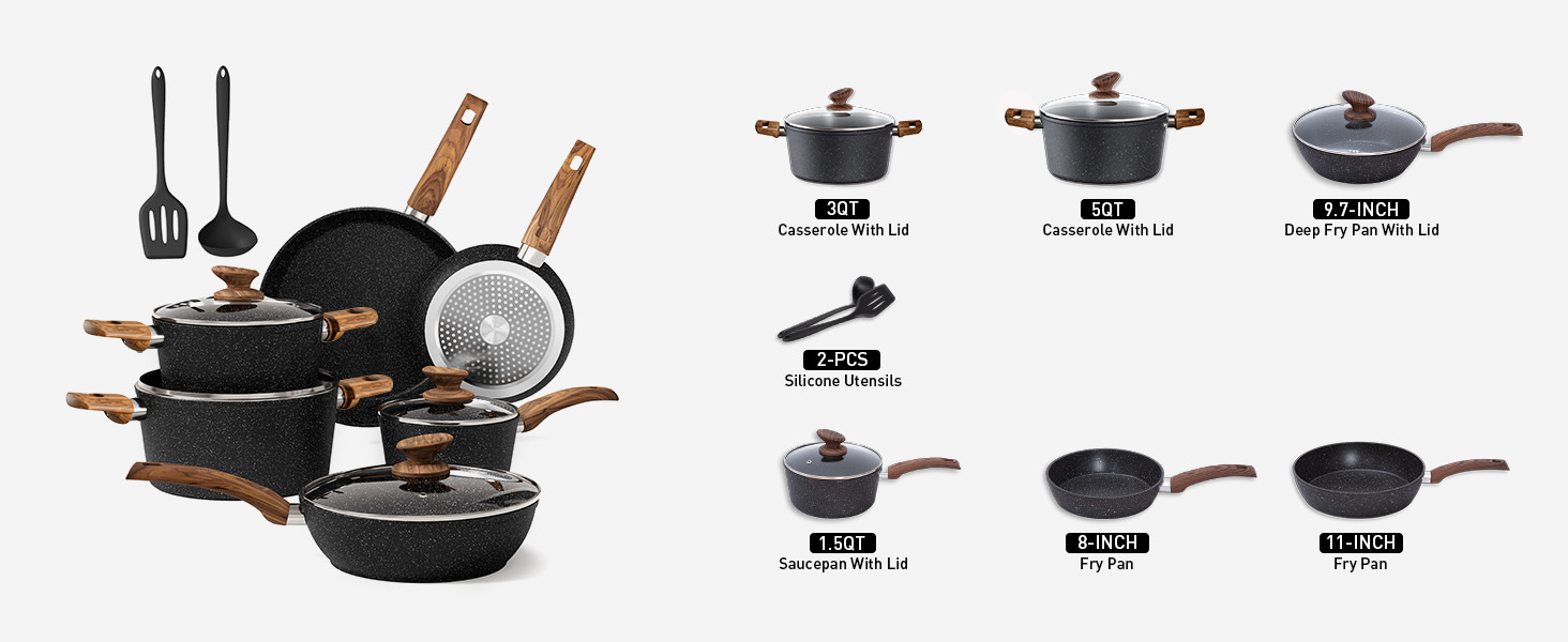 Набір посуду Kitchen Academy 12 предметів з антипригарним покриттям для індукції, газових плит та мікрохвильової печі, чорний
