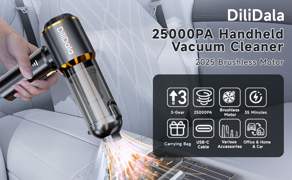 Бездротовий ручний пилосос DiliDala, 25000 Па, акумуляторний, 3 швидкості, для авто, кухні, дивана, офісу