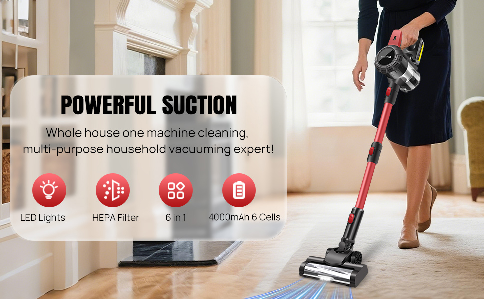 Бездротовий акумуляторний пилосос з антизаплутувальною насадкою, фільтрація 99,999%, для автомобіля та будь-яких поверхонь (червоний, незнімний акумулятор)