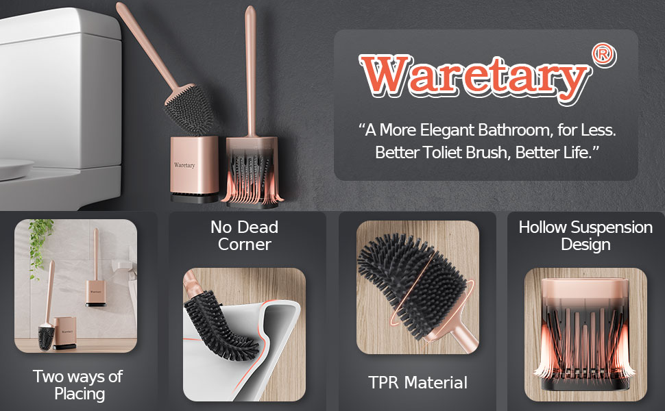 Набір для чищення унітазу Waretary з силіконовою щіткою та підставкою з нержавіючої сталі, гнучкий наконечник для глибокого очищення, швидковисихаючий, для кріплення на стіні та встановлення на підлогу, золотий