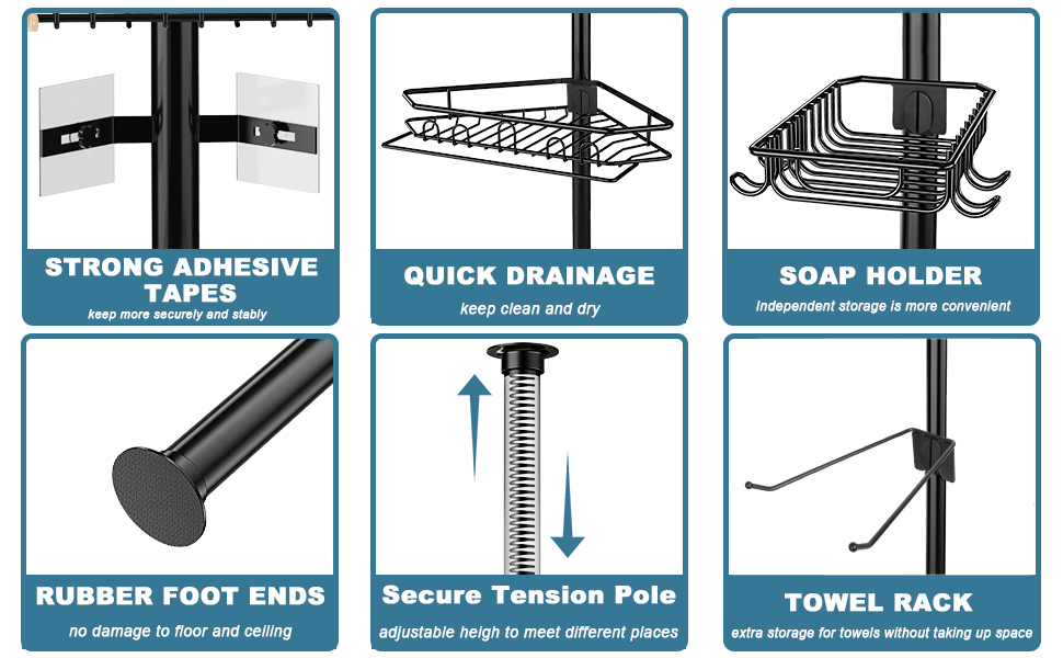 Настінна полиця для душу Bomclap з нержавіючої сталі, кутова, з тримачем для рушників, без свердління, чорна, 137-290 см
