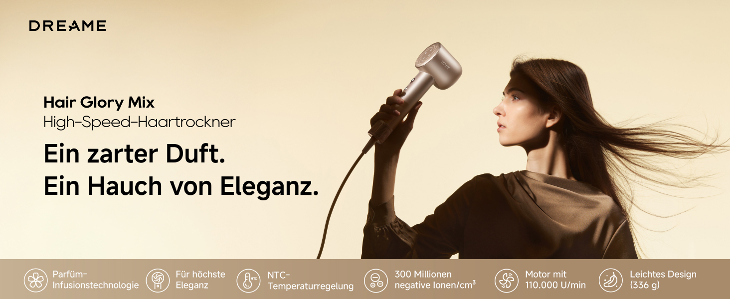 Фен DREAME Hair: Швидке сушіння, 110 000 обертів/хв, іонізація, регулювання температури та потужності, насадки, тиха робота, білий (золотий, Glory Mix)