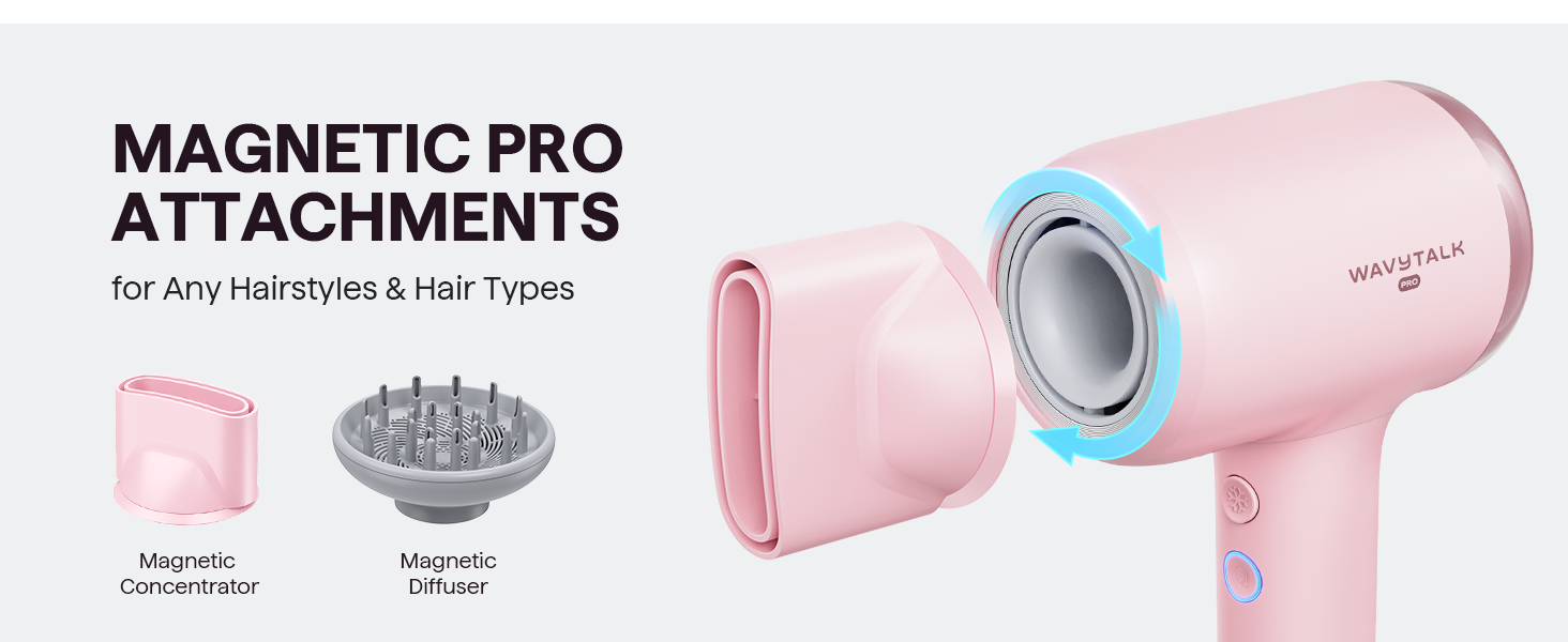 Фен Wavytalk TURBLOW PRO з дифузором: швидке сушіння, 110 000 обертів/хв, іонізація, гладкість, рожевий