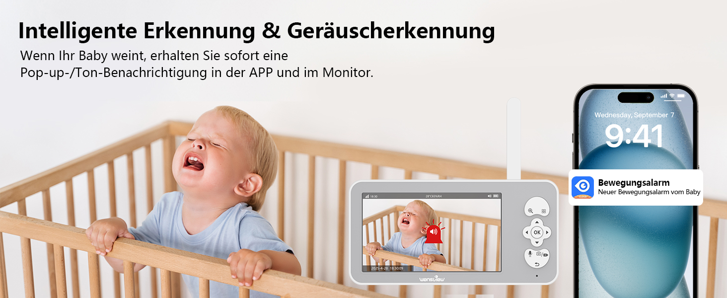 Відеоняня Wansview з камерою та APP - 5-дюймовий монітор для дитини без Wi-Fi з камерою для дитини 2.4/5 GHz, нічне бачення, відстеження руху, 2-сторонній аудіо, визначення температури, детекція руху/звуку