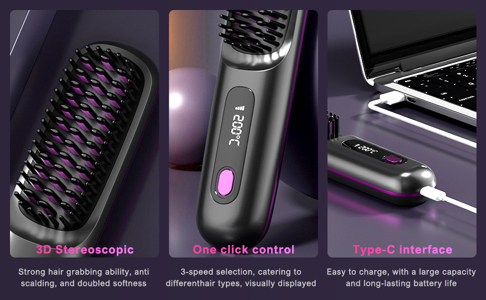 Портативний випрямляч для волосся Go Brush Pro з іонізацією, USB, 3 режими, LED-дисплей, MCH кераміка, чорний